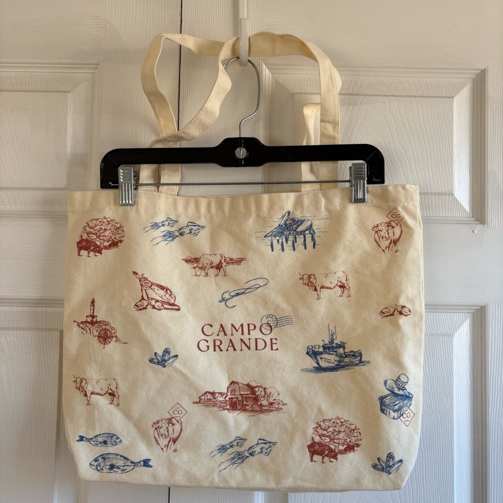 Campo Grande Canvas Tote Bag Cream Red Blue Novelty Print South Western Farm